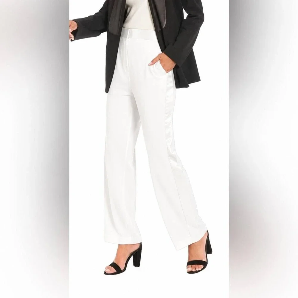 Muse Satin-Trim Straight-Leg Pants Ivory 14 NWT $99